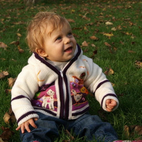 Meisje baby kinderen kinderen paars wit met fleece gevoerd gebreid vest trui jas jas fleece gevoerd met handgeborduurde applicaties Etsy Nederland