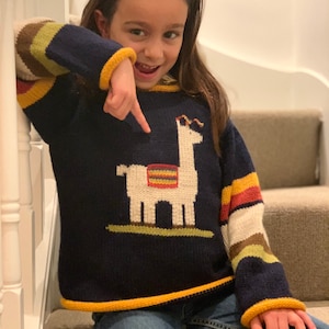 Llama knitted jumper, Llama Children Jumper, Alpaca wool jumper, Boy/girl kids jumper, Unisex jumper, blue knit pullover, kids xmas sweater