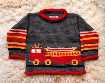 Grey fire engine knitted jumper,Alpaca wool jumper, Boy fire engine kids jumper, Unisex jumper, Fire engine knit pullover, Toddler sweater