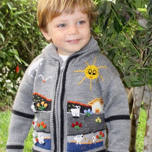 May include: A grey knitted cardigan with a zip fastening and colourful embroidered details, including a sun, birds, flowers, and sheep. The cardigan has black and white stripes on the sleeves and a hood.