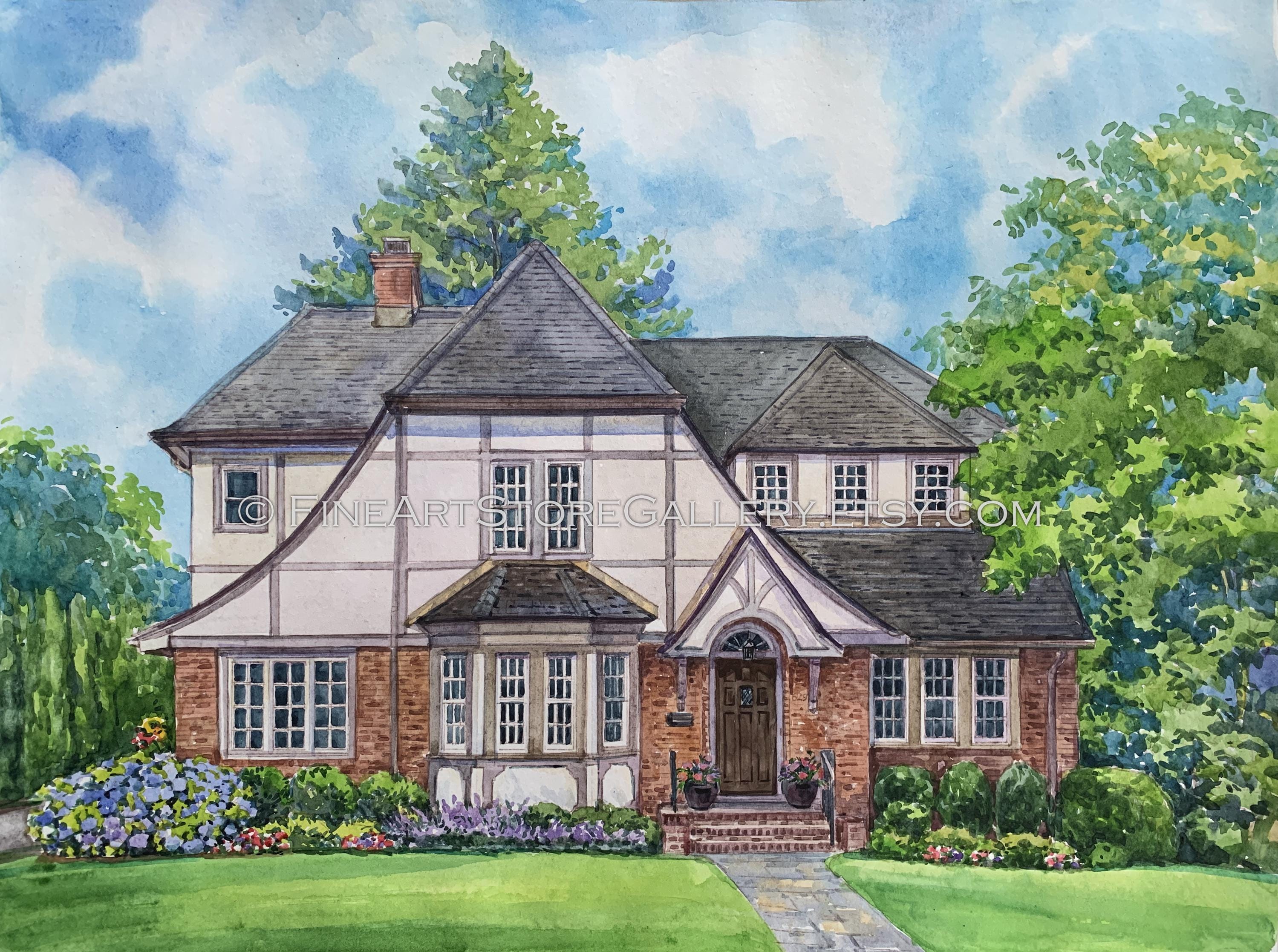 Custom House Portrait Hand Painted Watercolor Art Original Painting ...