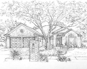Custom House Portrait: Hand-Drawn Ink Architecture Sketch