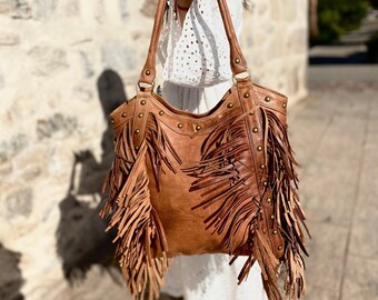 Leather western fringe purse, handmade boho fringe bag, shoulder bag with strap