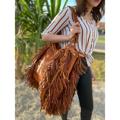 Brown leather fringe purse, Leather Handbag with tassels, Boho tote bag