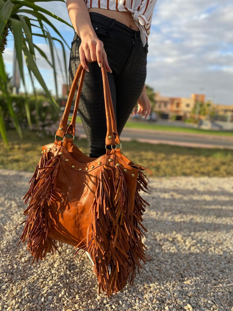 Brown leather fringe purse Leather Handbag with tassels Boho Etsy