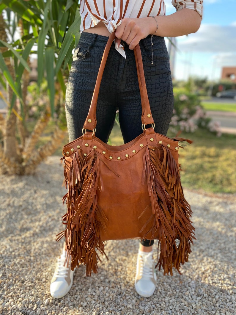Brown leather fringe purse Leather Handbag with tassels Boho | Etsy