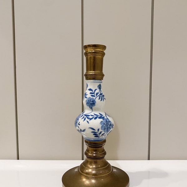 Blue and White Floral, Brass Candlestick Holder