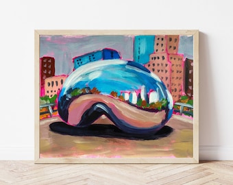 Könnte beinhalten: Ein Gemälde der Cloud Gate Skulptur in Chicago, auch bekannt als "The Bean". Die Skulptur ist eine große, glänzende, bohnenförmige Struktur aus Edelstahl. Das Gemälde ist in einem farbenfrohen, abstrakten Stil mit leuchtenden Blautönen, Rosa und Grün gehalten. Die Skulptur spiegelt sich in den umliegenden Gebäuden wider, die in einer gedämpfteren Farbpalette aus Braun- und Grautönen gemalt sind.