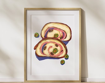 Puede incluir: Una pintura de dos rebanadas de pan con relleno rosa y blanco y aceitunas verdes. El pan está sobre un fondo azul con aceitunas verdes esparcidas a su alrededor.