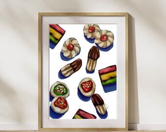 Biscotti italiani, biscotti arcobaleno, biscotti alla ricotta, stampa artistica di biscotti italiani, dolci italiani, stampa artistica di pasticcini italiani, arte della cucina