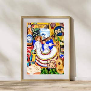 May include: A framed watercolour painting depicting a dancing couple in traditional white attire. The artwork incorporates a guitar, a parrot, and various food and drink items, including beer and bread. The painting has a warm colour palette and a folk art style.
