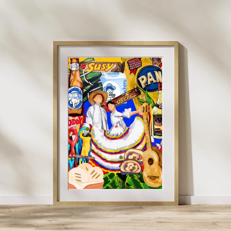 May include: A framed watercolor painting featuring a couple in traditional white dresses and hats, dancing. The artwork includes a guitar, a parrot, and various food and beverage items, including beer and bread. The painting has a warm color palette and a folk art style.