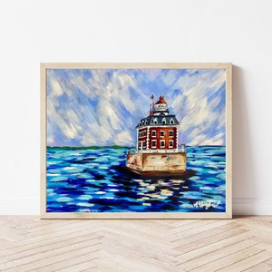 May include: A painting of a red brick lighthouse with a white trim and a blue roof, standing on a small island in a blue and green sea. The sky is a light blue with white clouds.