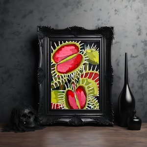 May include: A framed painting of a red and green carnivorous plant with sharp teeth. The plant is depicted in a dark, almost black background.
