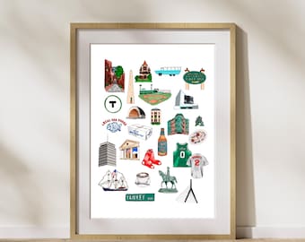 Impresión artística de ilustración de Boston: lugares emblemáticos y deportes