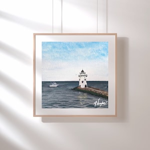 Old Saybrook Breakwater Lighthouse, Nautical Art, New England Lighthouse, New England Maritime, Watercolor Art Print
