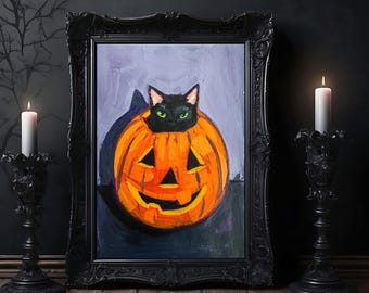Black Cat in Pumpkin Art Print: Halloween Decor