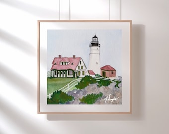 Portland Head Lighthouse Watercolor Art Print: Coastal Maine