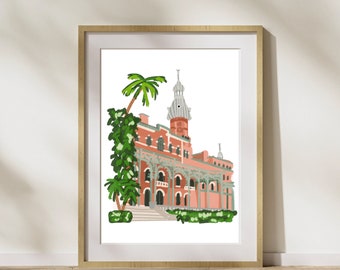 Stampa dell'Università di Tampa: illustrazione di Plant Hall, arte del dormitorio dell'UTampa