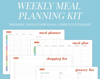 May include: A weekly meal planning kit with four printable sheets. The kit includes a meal planner, shopping list, and grocery list. The text on the image says "Weekly Meal Planning Kit" and "Printable | Instant Download | 4 Sheets | Letter Size."