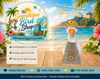 Mini Goose Accessory - Sunflower Gardener Outfit - Burlap Apron & Sun Hat with Resin Sunflowers in orange and yellow