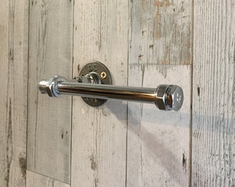Chrome Pipe Mounted Toilet Roll Holder + Fixings ~ Industrial Style