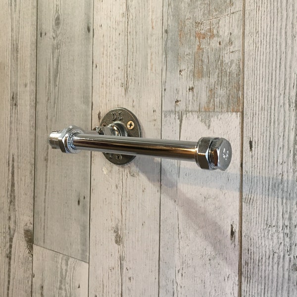 Chrome Pipe Mounted Toilet Roll Holder + Fixings ~ Industrial Style