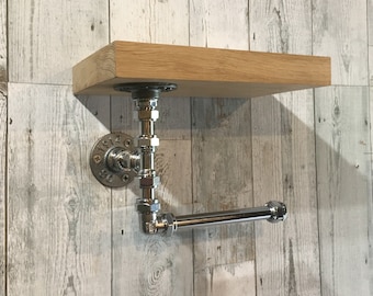 Industrial Chrome 15mm Pipe Toilet Roll Holder with Solid Oak Shelf + Fixings - Handmade