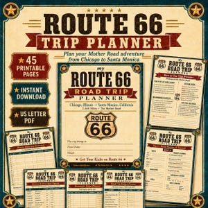 May include: A vintage-style Route 66 trip planner with multiple printable pages. The design features the text "ROUTE 66 TRIP PLANNER" and "Plan your Mother Road adventure from Chicago to Santa Monica". Includes a US Letter PDF.