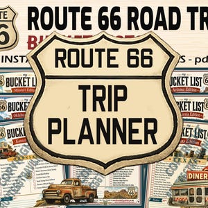 May include: A Route 66 road trip planner with a vintage design. The image features a Route 66 sign, a gas pump, and a diner. The text includes "Trip Planner" and "Bucket List" for various states. The overall color scheme is beige, red, and blue.