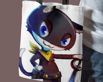 Persona 5 Morgana Cotton Tote Bag | Cute Cat Totebag, Persona 5 Fan Art, Cotton Shopper, Game Merchandise, Gamer Gift