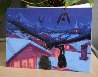 Fantasy Christmas Card Harpy Present Delivery | winter wonderland, snow landscape illustration, fantasy stationery, holiday gift, a6 print