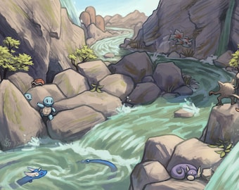 Pokémon Snap Valley Course Print | pokemon poster, dragonair, squirtle, dratini, pokemon art print, pokemon decoration, pokemon gift