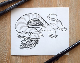 Teeth Fantasy Creature Original Ink Drawing | mythical creature illustration, inktober dragon, creepy cute fantasy wall art