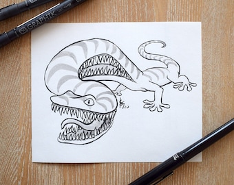 Teeth Fantasy Creature Original Ink Drawing | mythical creature illustration, inktober dragon, creepy cute fantasy wall art