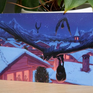 Fantasy Christmas Card Harpy Present Delivery / winter wonderland, ilustración de paisajes de nieve, papelería de fantasía, regalo de vacaciones, impresión a6