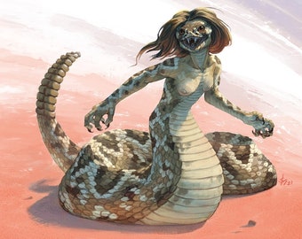 Snake Lady Art Print | fantasy creature, naga, dark fantasy art, monster girl art, rattlesnake poster, dnd monster