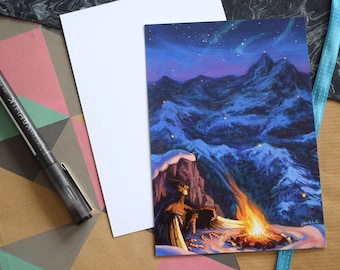 Fantasy Christmas Card Harpy Bonfire | winter wonderland, mountain landscape, snow illustration, fantasy stationery, holiday gift, a6 print
