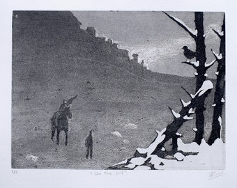 On The Hill Original Winter Landscape Aquatint Etching | limited edition hand signed etching, snow landscape wall art, nature illustration