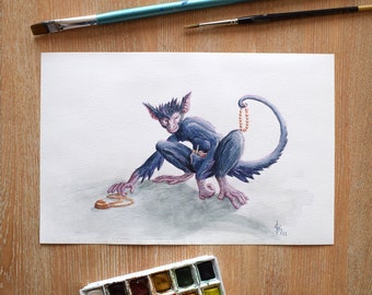 Exchangeling Fantasy Creature Original Watercolour Painting | mythical creature art, fairytale illustration, fantasy art decor