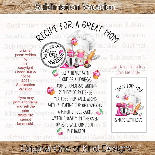 Funny Mothers Day design, Funny Mothers Day PNG, Recipe for a Great Mom, Funny Kitchen Poem, Digital Download only,Gift tag is JPG only