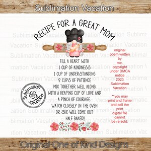 Funny Mothers Day design, Funny Mothers Day PNG, Recipe for a Great Mom, Funny Kitchen Poem, Digital Download only,Gift tag is JPG only