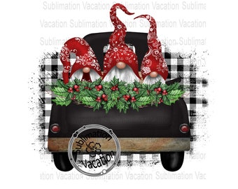 Christmas Gnomes in Truck PNG: Buffalo Check Design (Digital Download)