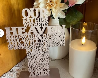 The Lord&#39;s Prayer Cross: Laser Cut Wood Religious Gift (26cm)