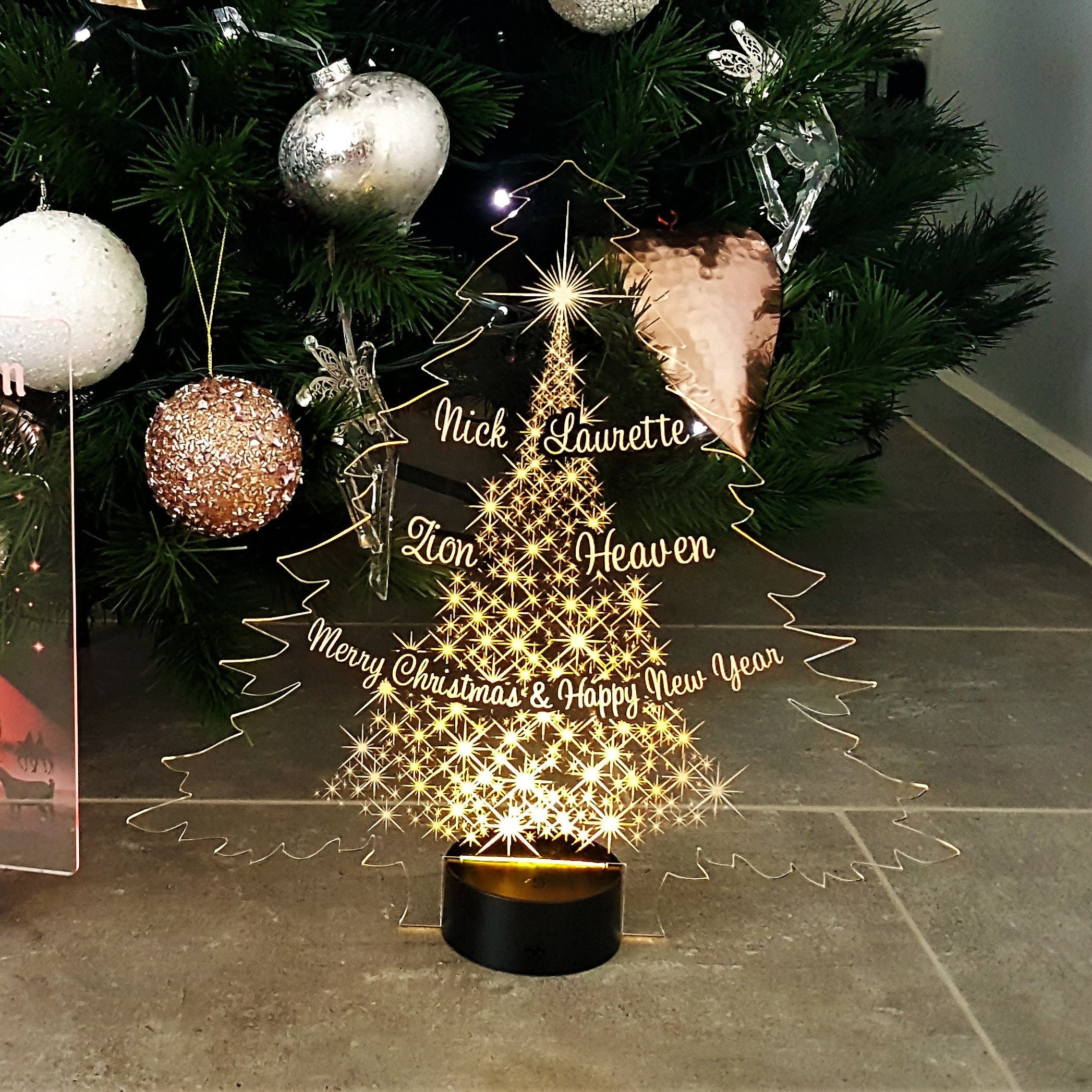 Acrylic Light up Christmas Tree Customised with Names Home Décor