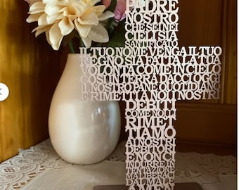 Cruz de Padre Nuestro italiana: regalo religioso de madera cortada con láser