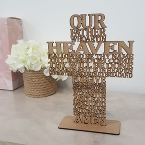 Laser Cut Wood Cross: The Lord&#39;s Prayer, Christian Gift (26cm)