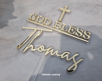 Personalized Gold Mirror Acrylic Cake Topper: God Bless, Cross