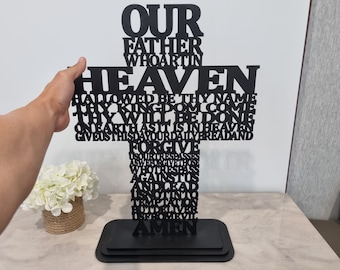 Our Father Lords Prayer Cross wood Crucifix Laser cut MDF 60cm high with Base.