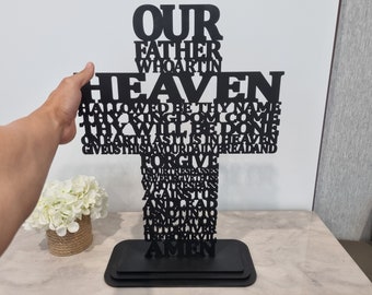 Cruz de madera del Padre Nuestro, crucifijo de MDF cortado con láser, 60 cm de alto con base.